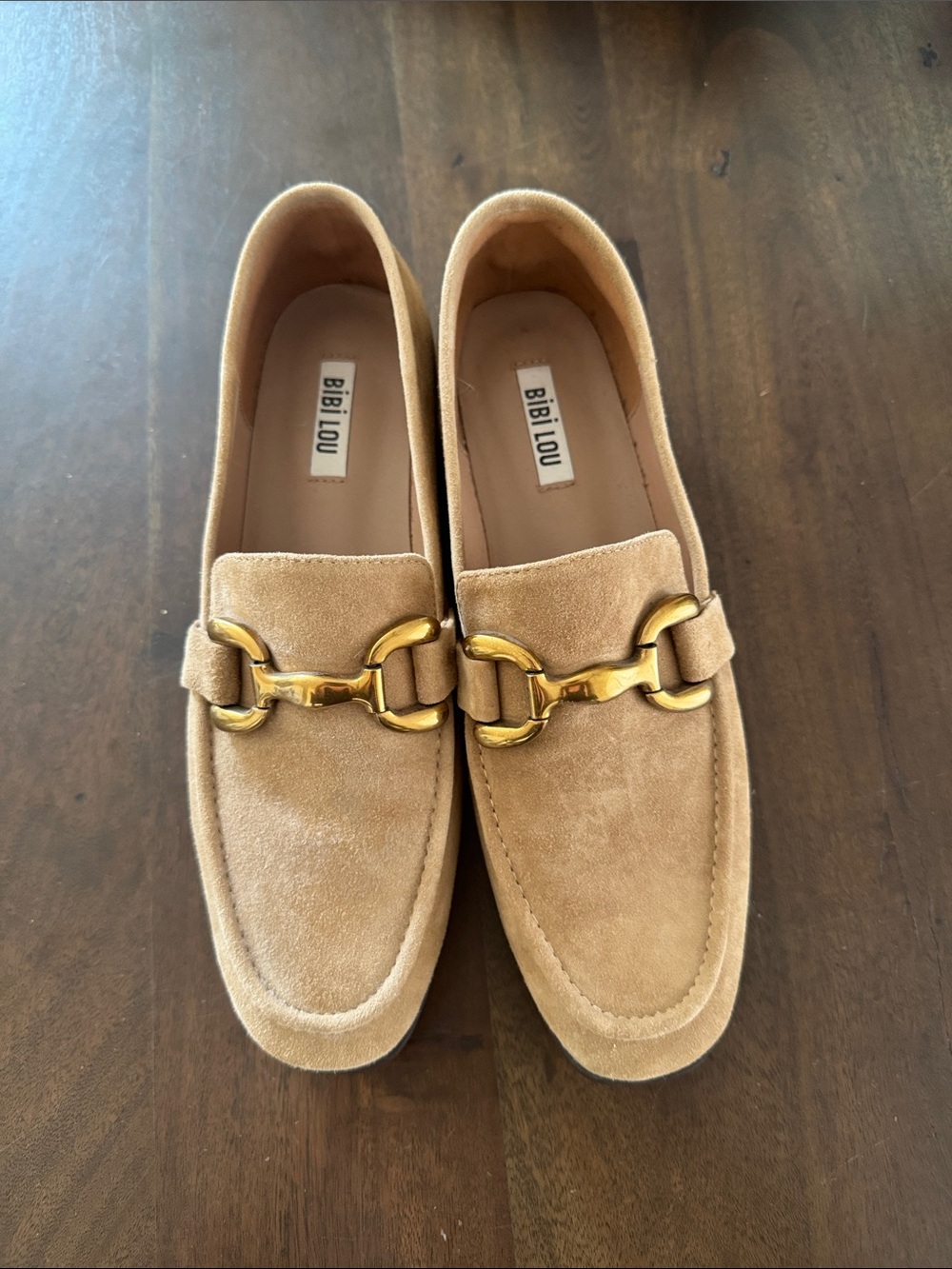 Bibi Lou Tan Suede Gold Horsebit Loafers